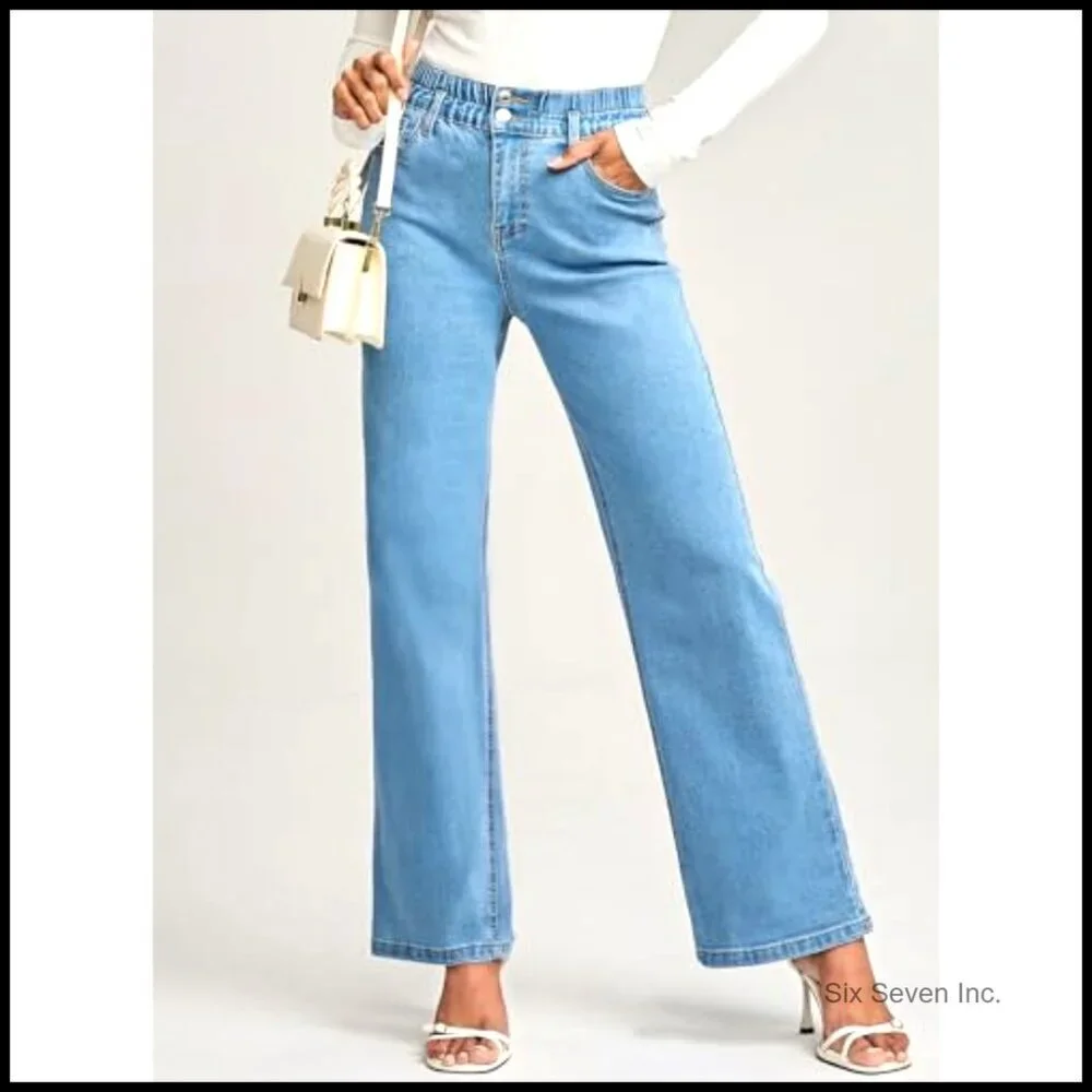 Stretchy Elastic High Waist Wide Leg Jeans Trendy Y2K Baggy Straight Trousers
